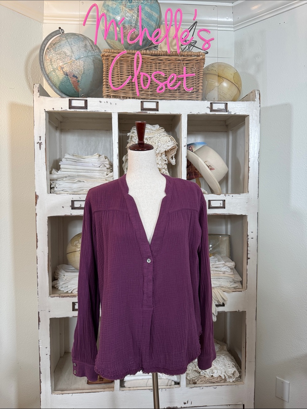 Free People Deep Plum V-Neck Long Sleeve Blouse